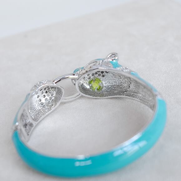 Vintage NOIR Blue Enamel Panther Head Clamper Bracelet Gold Tone Rhinestone 7¼" - Picture 6 of 11